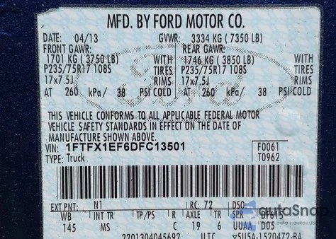 2013 Ford F-150 Xlt from USA, damaged, VIN 1FTFX1EF6DFC13501